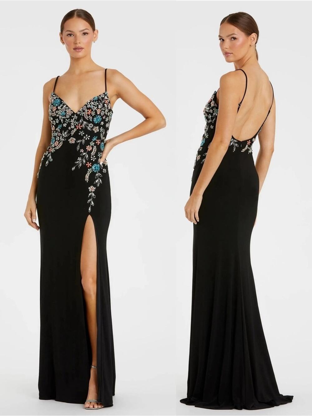 MAC DUGGAL 42006 Black Multi Color Beaded Floral Cami Gown Size 6